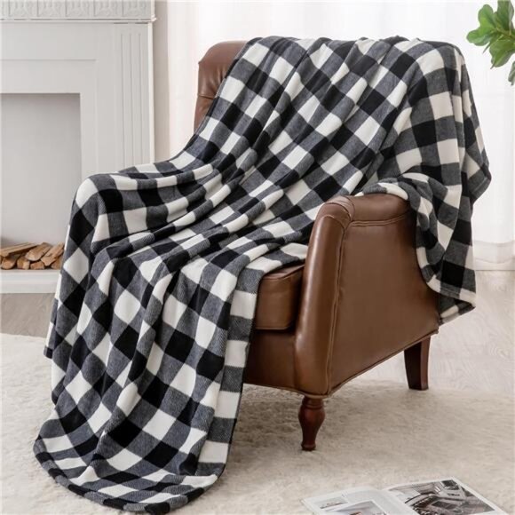 Plaid Fleece Throw Blanket for Couch, Black & White Checkered Flannel Blanket - Picture 2 of 7